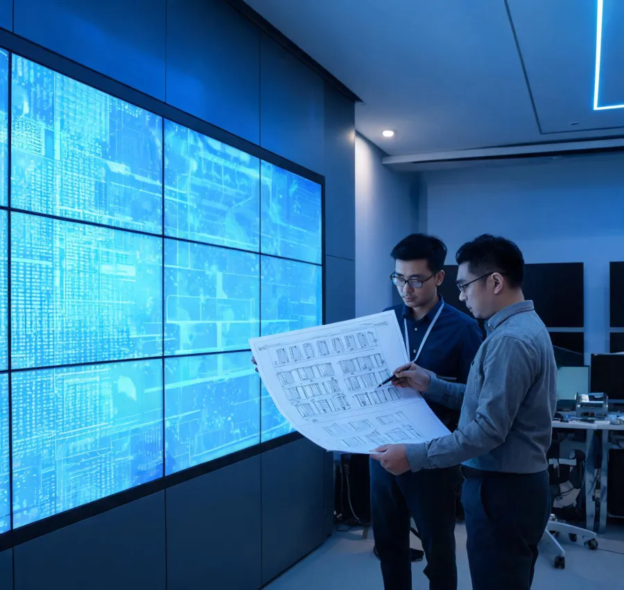 AV project team reviewing an LED wall plan