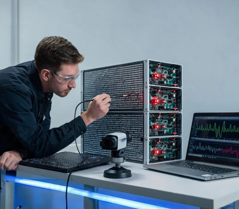 LED display engineer diagnosing modular cabinets and controller signals